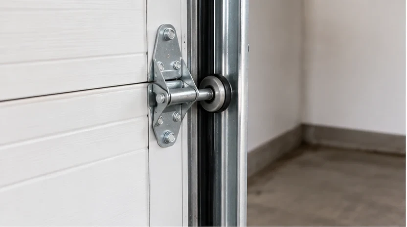 Garage door side track, roller, and hinge bracket beside a white sectional door.